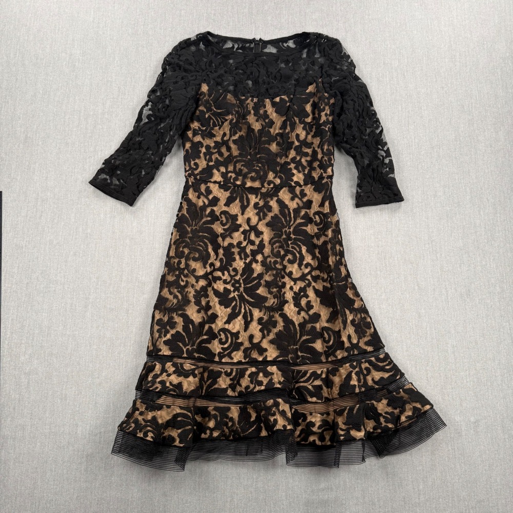 Tadashi Shoji Black Tan Lace Illusion 3/4 Sleeve‎ Ruffle Hem Cocktail Dress 4